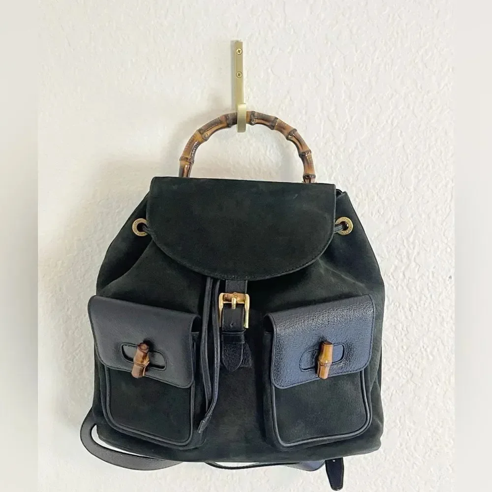 Gucci Black Suede Backpack with Bamboo Details